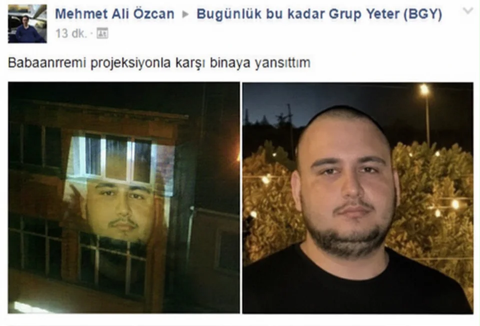 Bir binaya yansıtılan yüz fotoğrafıyla ilgili sosyal medya paylaşımı